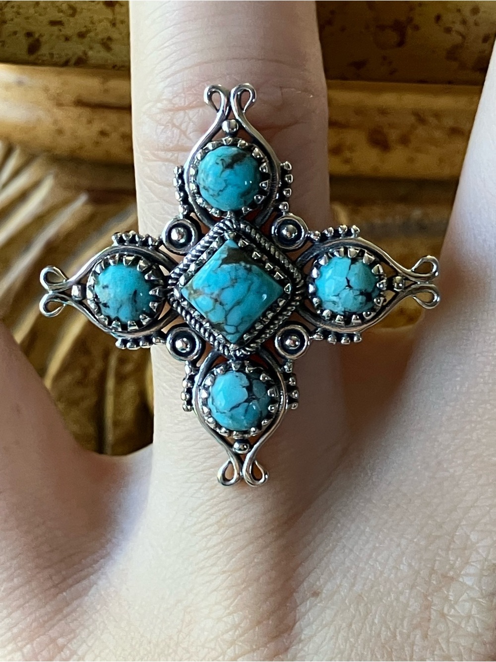 Natural Blue Moon Turquoise Sterling Silver Statement Ring Size 7